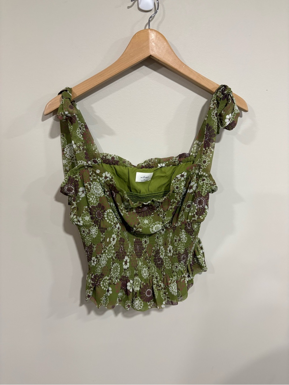 Wilfred Olive Green Floral Smocked Tie-Shoulder Crop Top